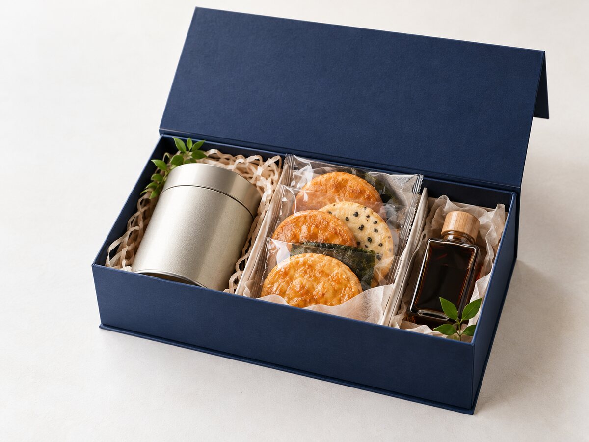 Illustrative corporate gift box with tea, rice crackers and condiments