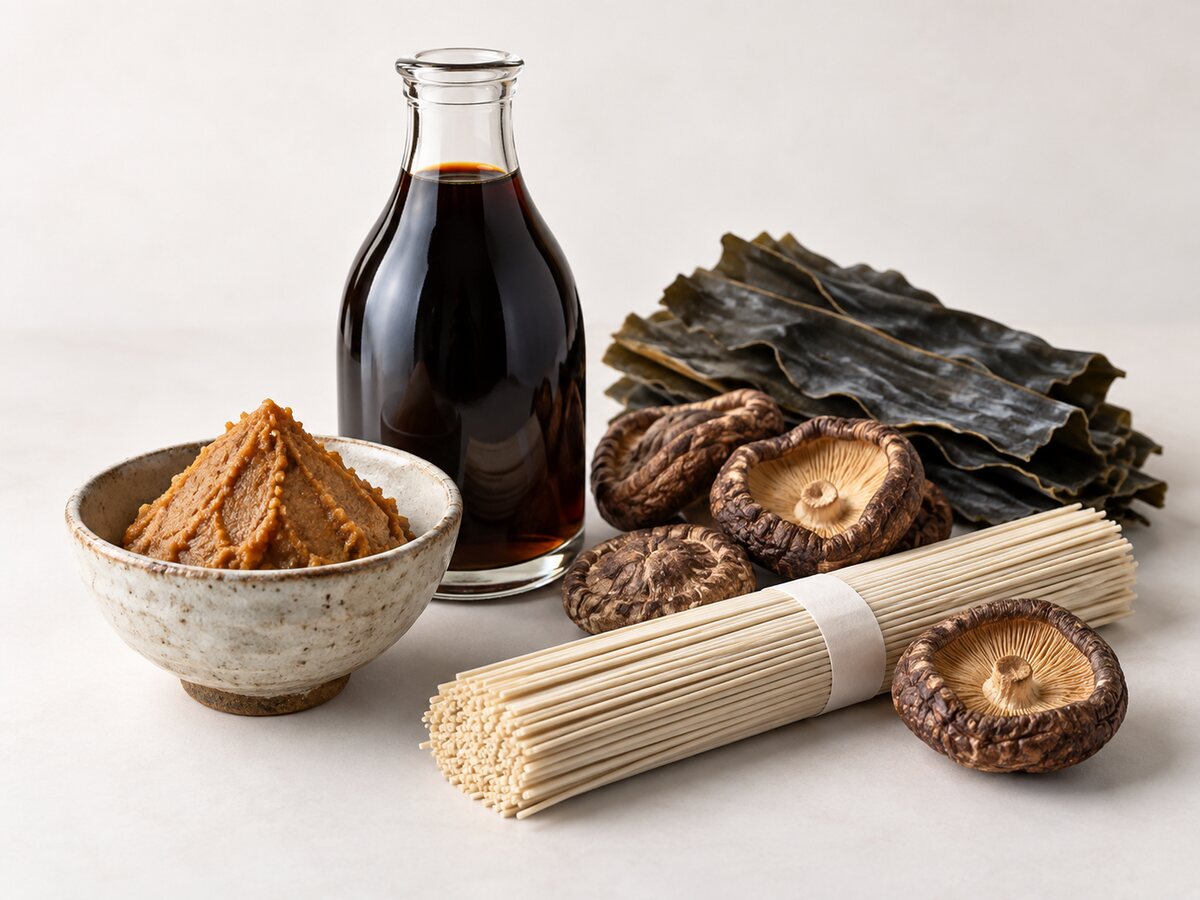 Illustrative food and condiment selection: soy sauce, miso, noodles and dried ingredients