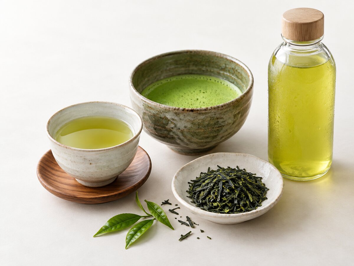 Illustrative tea and beverage selection: sencha, matcha and cold tea