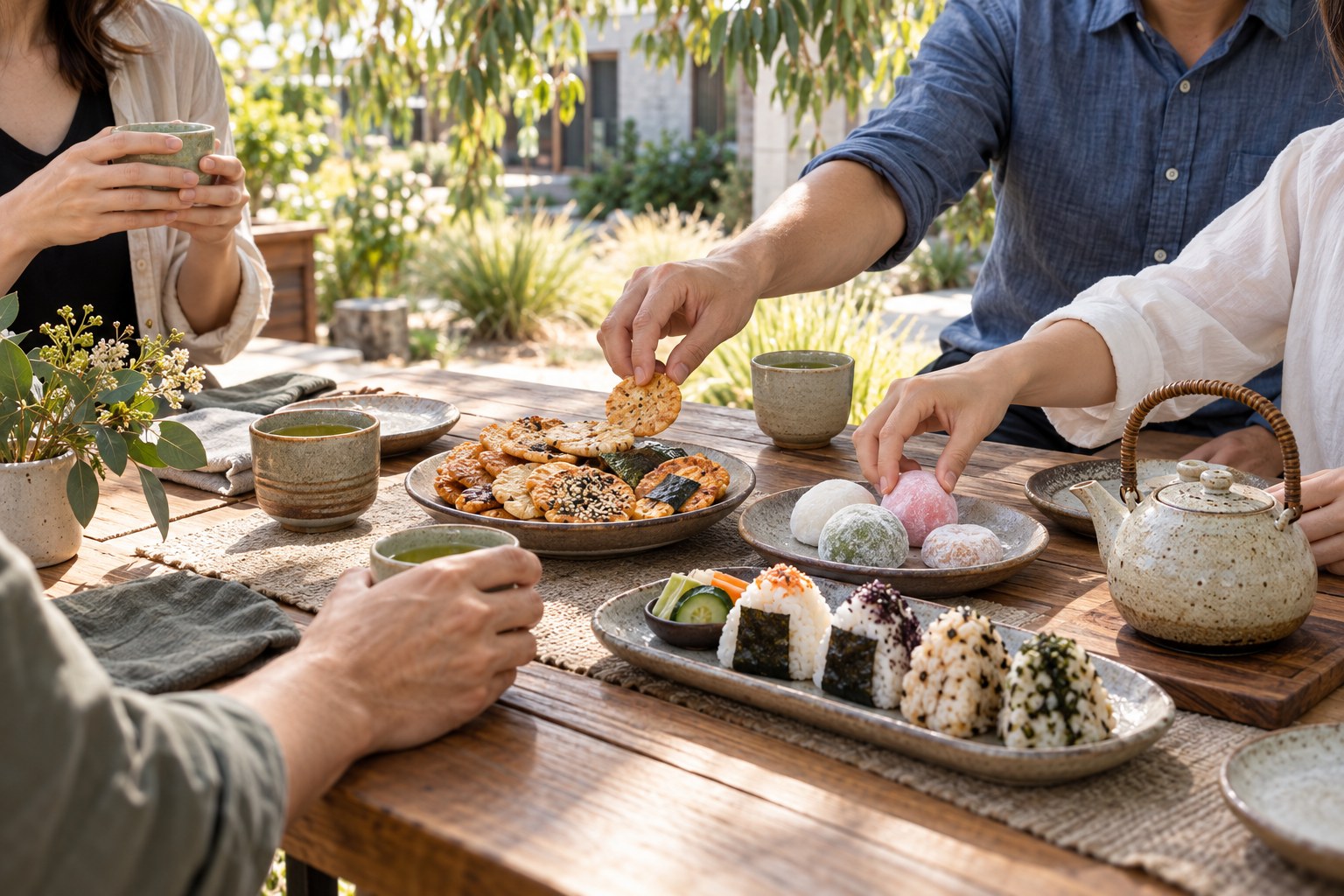Concept of a community Japanese food tasting in an Australian outdoor garden