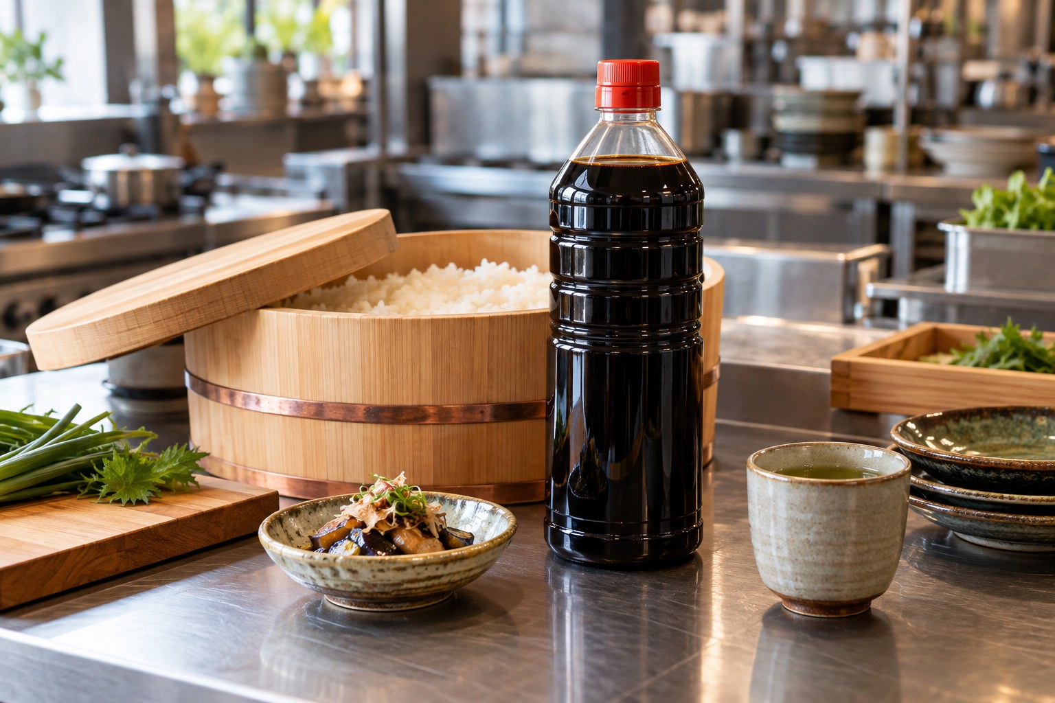 Japanese ingredients in a hospitality preparation setting, concept image