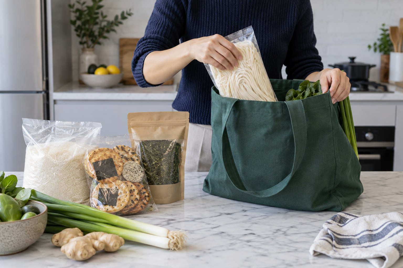 Concept scene of a customer unpacking Japanese groceries at home