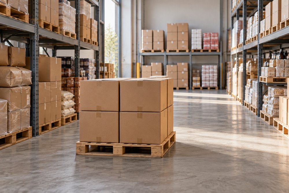 Illustrative concept of food cartons and pallet logistics